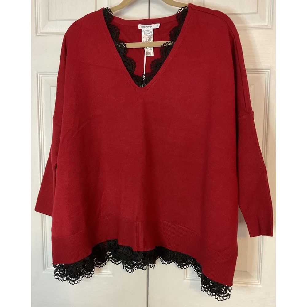 Chico's Red Black Lace Trim V-Neck Holiday Oversized Sweater Small Medium New